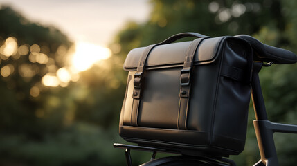 Black leather bag resting on a bicycle seat during sunset in a serene park setting with gentle sunlight filtering through trees Generative AI