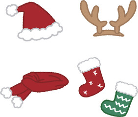クリスマスの小物セット　サンタ帽　赤いマフラー　トナカイカチューシャ　靴下