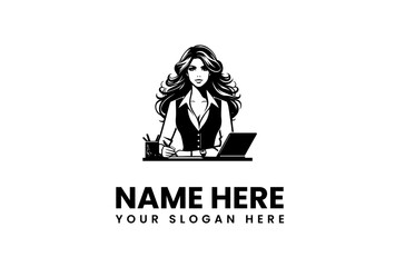 Elegant and professional businesswoman illustration working diligently at her desk with a laptop, perfect for corporate branding, executive profiles, and entrepreneurial ventures