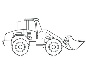 Black and white lineart of wheel loader construction vehicle, perfect for kids coloring book, education, and engineering drawing projects.