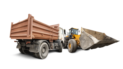 Two construction vehicles, a dump truck and a loader, are isolated on a white background. They are available for rent and ready for heavy-duty work.