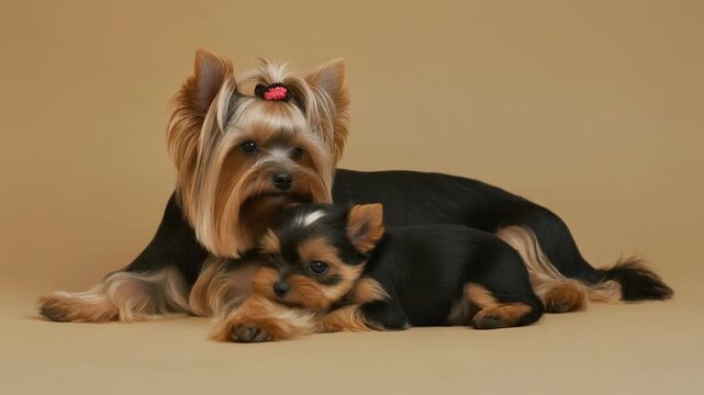 マットなライトタンの背景の上で、
ヨークシャーテリアの母犬が横たわり、
子犬が前足に寄りかかるほっこりとした瞬間。