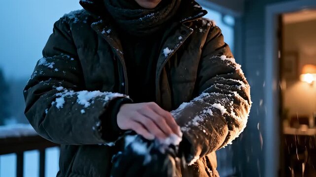 Individual in warm winter jacket brushes off snow from sleeves while standing on a porch, showcasing the chilly atmosphere and cozy environment, camera follows the action closely