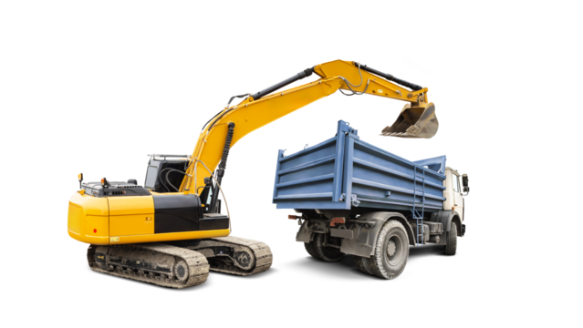 A yellow excavator loads soil and debris into a blue dump truck. Construction equipment rental. Isolated background.