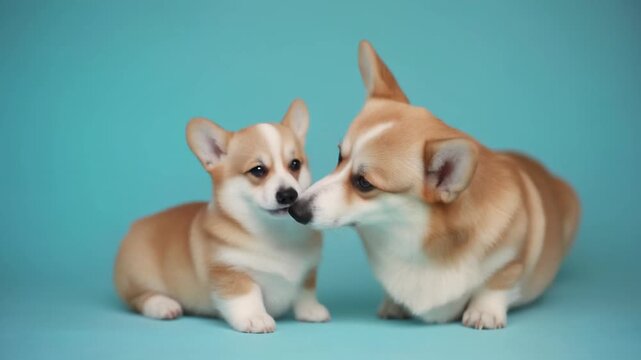 淡いパステルブルーの背景の中で、
コーギーの親犬が小さな子犬をやさしくなめる、
心温まる親子シーン。
やわらかな色調と愛情表現が、癒やしとぬくもりを伝えるビジュアル。