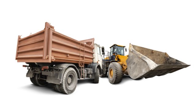 Two construction vehicles, a dump truck and a loader, are isolated on a white background. They are available for rent and ready for heavy-duty work.