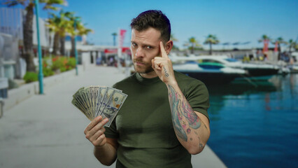 Young hispanic man holding american dollars on a seaside dock with boats in the background, making...