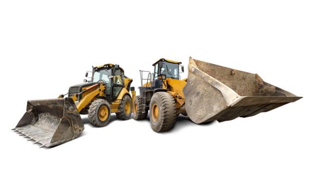 A heavy-duty loader and a versatile excavator, demonstrating their performance and suitability for rental in construction projects. Isolated background.
