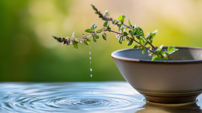 hyssop. A hyssop branch being dipped into a ceramic bowl of clear water. event programs, museum guides, designed for cultural heritage projects and event programs.