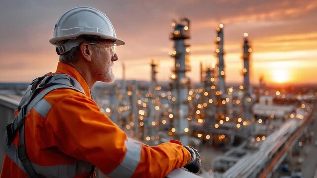 Visionary Industry Worker: A diligent worker wearing a protective helmet, gazes towards a sprawling industrial facility. The horizon showcases the energy of a setting sun.