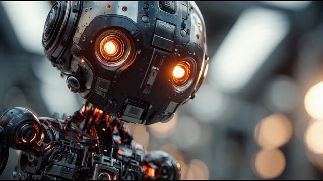Cinematic Sci-Fi Robot Head with Glowing Orange Eyes. Detailed Mechanical Design representing Advanced AI Technology and the Future.