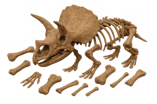 Triceratops skeleton bones with skull and horns on transparent background representing ancient dinosaur paleontology