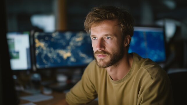 Data analyst reviewing holographic cosmic radiation visuals in dark observatory lab, emotion of fascination visible, representing deep-space analytics, AI astronomy, and digital surveillance of - Powered by Adobe