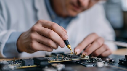 Close-up of lab bench with engineers calibrating miniature wearable chips, overlaying real-time performance metrics and energy efficiency data for smart device hardware development and advanced