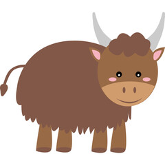 Brown Yak With Large Horns And Fluffy Fur Standing On A Transparent Background Cute Cartoon Animal Illustration