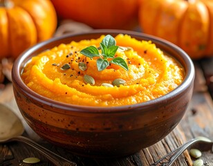 Bowl of vibrant orange pumpkin soup topped with herbs on rustic wooden table