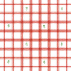 Watercolor Red Plaid Christmas Tree Retro Seamless Pattern.eps