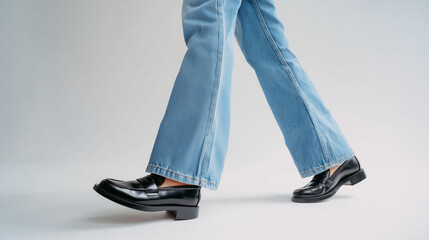 Stylish black shoes and light blue jeans being worn during a casual walk on a neutral background Generative AI