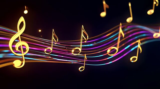 Gleaming golden music notes adorn colorful wave lines on a black backdrop
