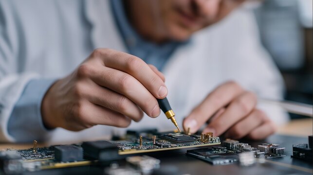 Close-up of lab bench with engineers calibrating miniature wearable chips, overlaying real-time performance metrics and energy efficiency data for smart device hardware development and advanced