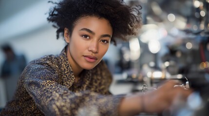 Engineer analyzing holographic coherence data projected above quantum test bench, emotion of curiosity visible, representing machine learning in quantum physics and advanced photonics visualization
