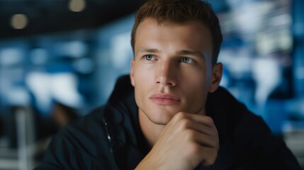 Security engineer analyzing digital intrusion attempts via holographic visualization, emotion of alertness visible, representing network security, penetration testing, and ethical hacking