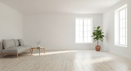 Obraz premium Minimalist interior with sofa plant windows and wooden floor modern design