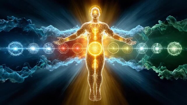 Radiant Harmony: A representation of the human aura radiates with inner light, intertwined with streams of colorful energy, embodying a sense of balance, harmony and spiritual awakening.