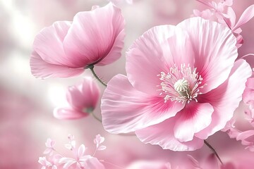 Obraz premium Soft, pastel pink poppies are elegantly displayed against a blurred, light pink background