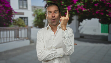 Blond man with long hair stands before vibrant bougainvillea on a sunlit street and points finger...