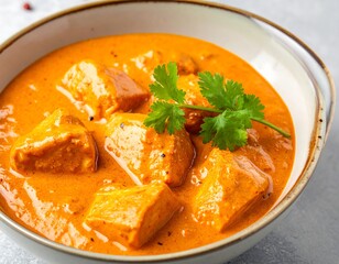 Bowl of creamy, orange-red butter chicken with cilantro garnish against a gray background