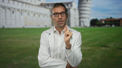 Blond man doctor in white coat holds stethoscope and makes finger pointing gesture by leaning tower building on green lawn; curiosity.