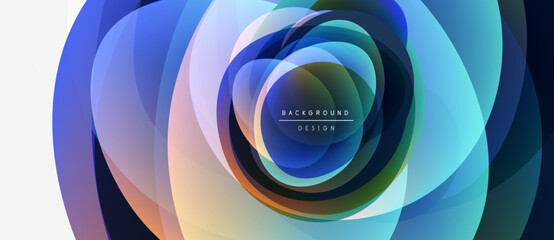 Abstract swirling layers create vibrant circular design. Colors blend, forming dynamic visual effect. Text reads background design.