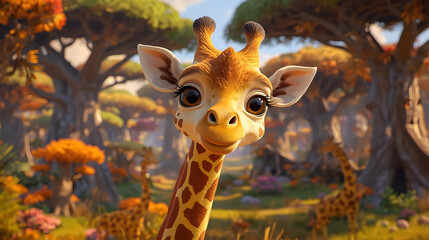 A cartoon giraffe with a long neck and cartoonishly large eyes.