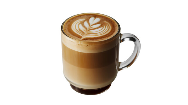 High-quality latte photo, clear glass mug, handle, pure-white background