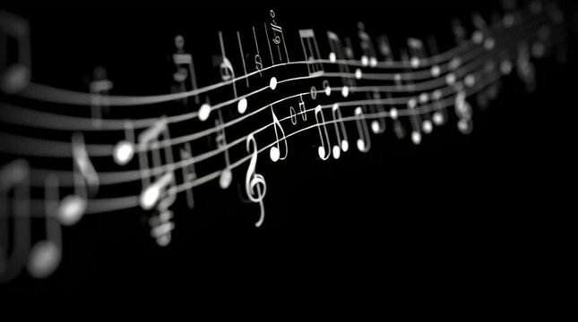 Musical notes on a black background, an unusual video for advertising