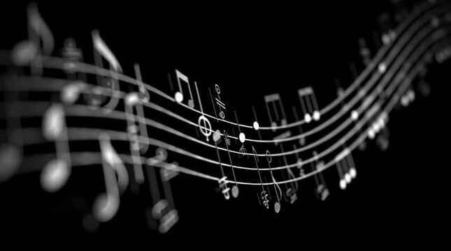 Musical notes on a black background, an unusual video for advertising