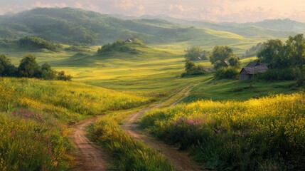 Obraz premium Peaceful countryside landscape with winding dirt road through green hills, sunny rural valley view, serene summer nature scenery 