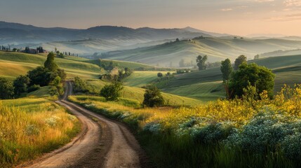 Obraz premium Scenic countryside landscape with winding dirt road and rolling green hills at sunrise, peaceful rural morning view, nature travel background 