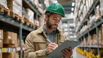 Warehouse Supervisor Inspecting Inventory: A diligent warehouse supervisor, adorned in a safety helmet, meticulously reviews inventory records within a bustling storage facility. - Powered by Adobe