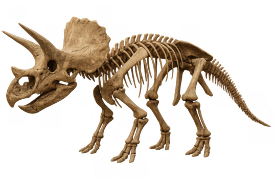 Triceratops skeleton exhibiting prehistoric animal fossil bones, ancient dinosaur paleontology, and extinction concepts on transparent background