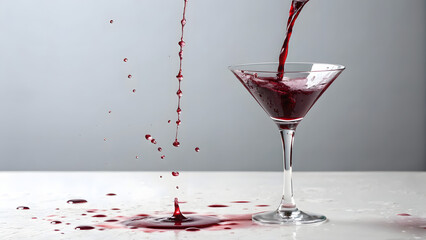Pouring a vibrant red liquid into a clear martini glass on a white surface, creating a dynamic splash and spill isolated on white background