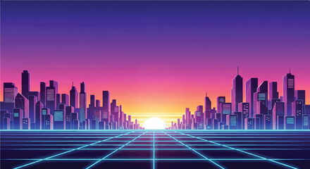 Retro Vaporwave Vector 80s Neon Cityscape Illustration