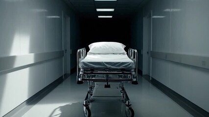 Long hospital hallway with an empty gurney. Dim lighting creates a moody, suspenseful atmosphere