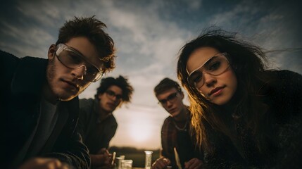 Young friends in safety goggles conduct an outdoor science experiment at sunset wind blowing with a dramatic sky