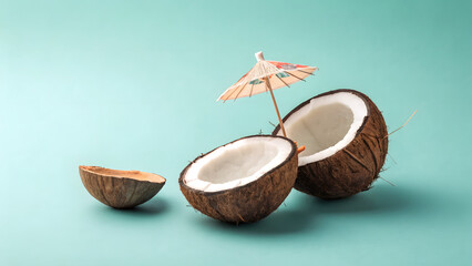 A halved coconut with a decorative umbrella sits on a turquoise surface, evoking a tropical, summery vibe with its refreshing and exotic appearance