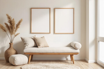 Interior of living room with soft bench, poufs and blank frames.