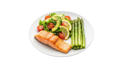 Grilled salmon fillet with asparagus and salad isolated on transparent background