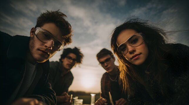Young friends in safety goggles conduct an outdoor science experiment at sunset wind blowing with a dramatic sky - Powered by Adobe