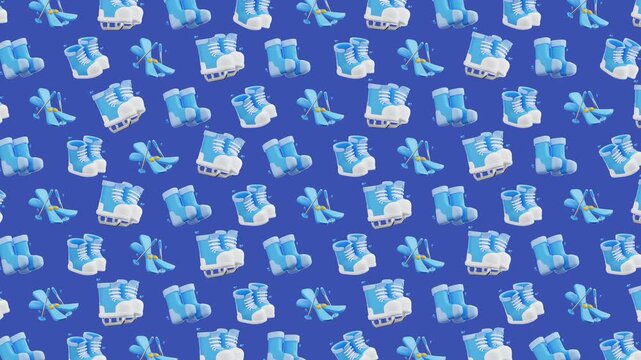 4K Seamless Winter Sports 3D Animation Background Skates Boots Ski Pattern